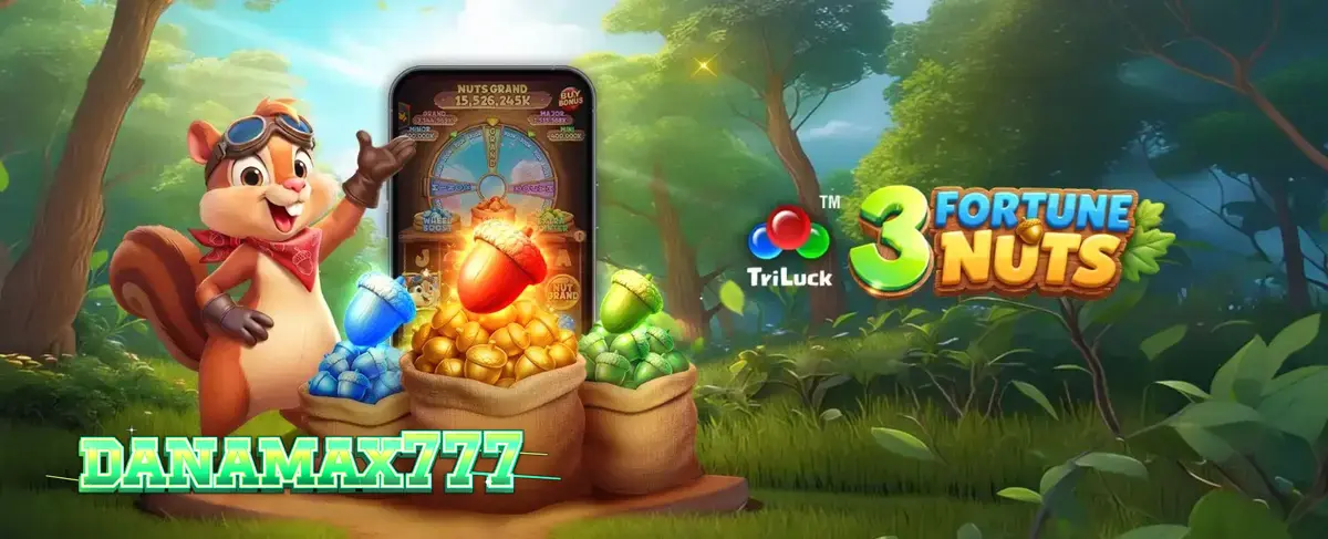 Tampilan visual slot 3 Fortune Nuts dengan tema hutan musim gugur dan karakter tupai.